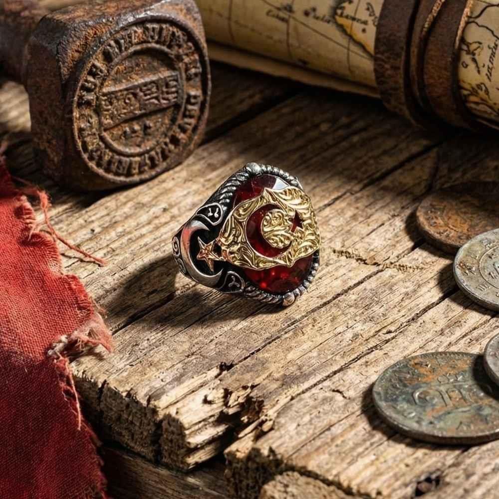 Kırmızı Taşlı Ay Yıldız Bayrağımız İşlemeli Gümüş YüzükAy Yıldız Yüzükler