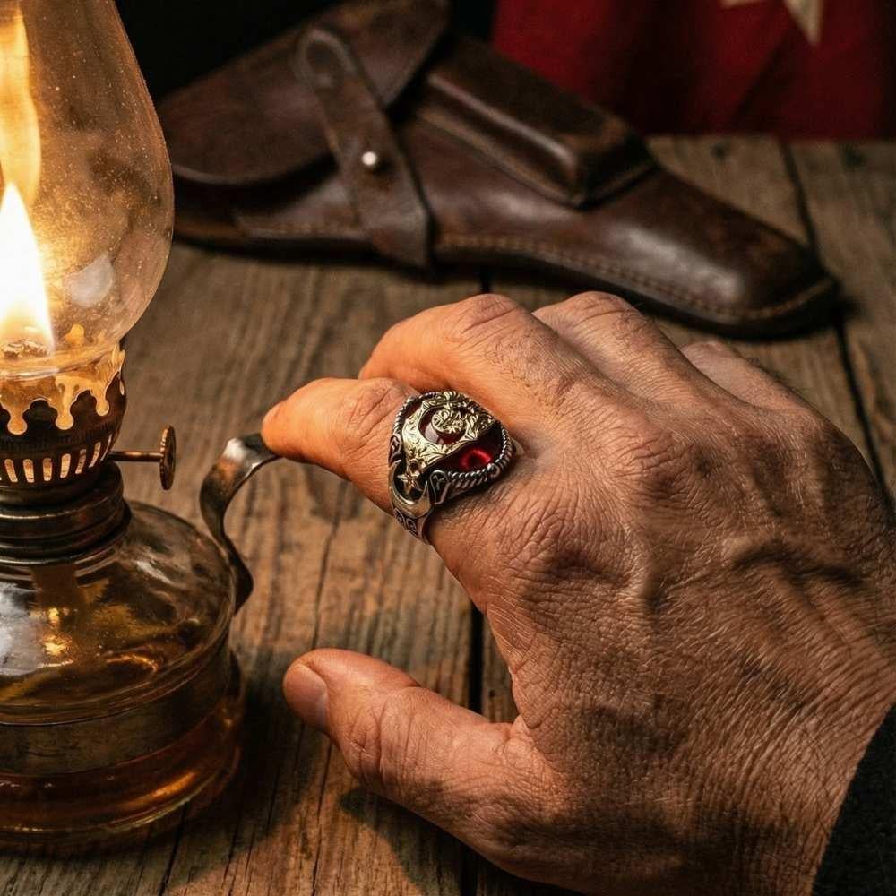 Kırmızı Taşlı Ay Yıldız Bayrağımız İşlemeli Gümüş YüzükAy Yıldız Yüzükler