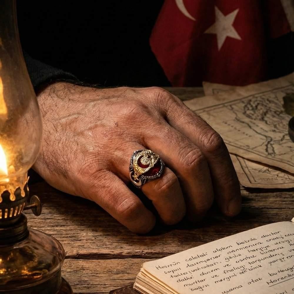 Kırmızı Taşlı Ay Yıldız Bayrağımız İşlemeli Gümüş YüzükAy Yıldız Yüzükler