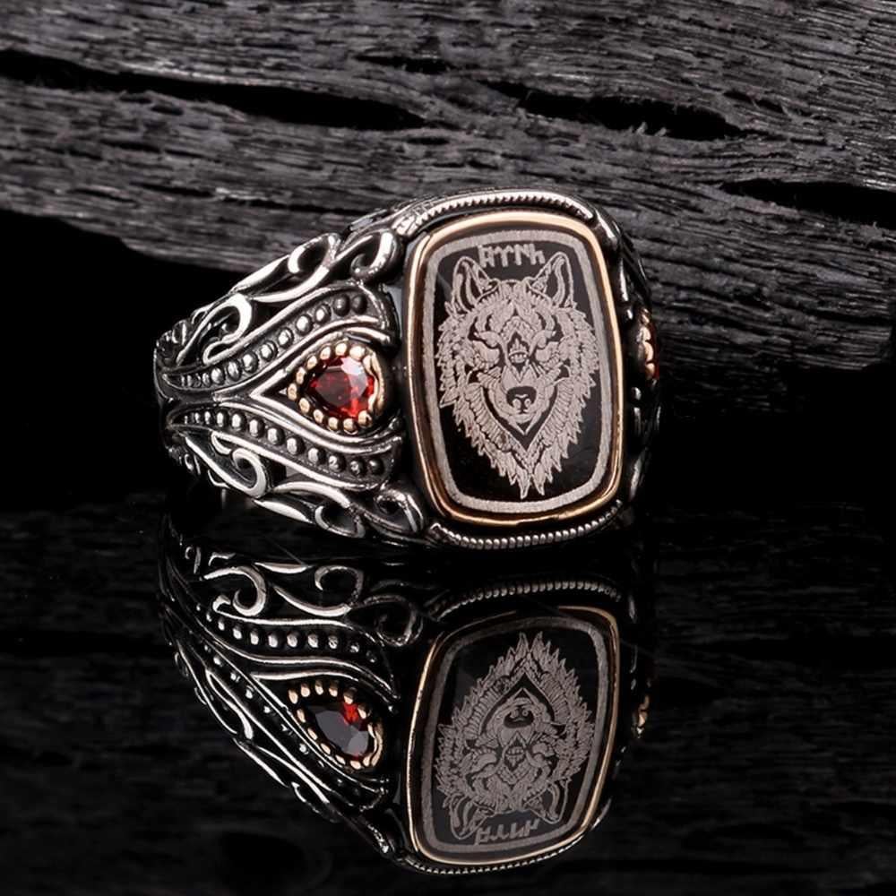 Kırmızı Taşlı Bozkurt Göktürkçe Türk Gümüş YüzükBozkurt Yüzükleri