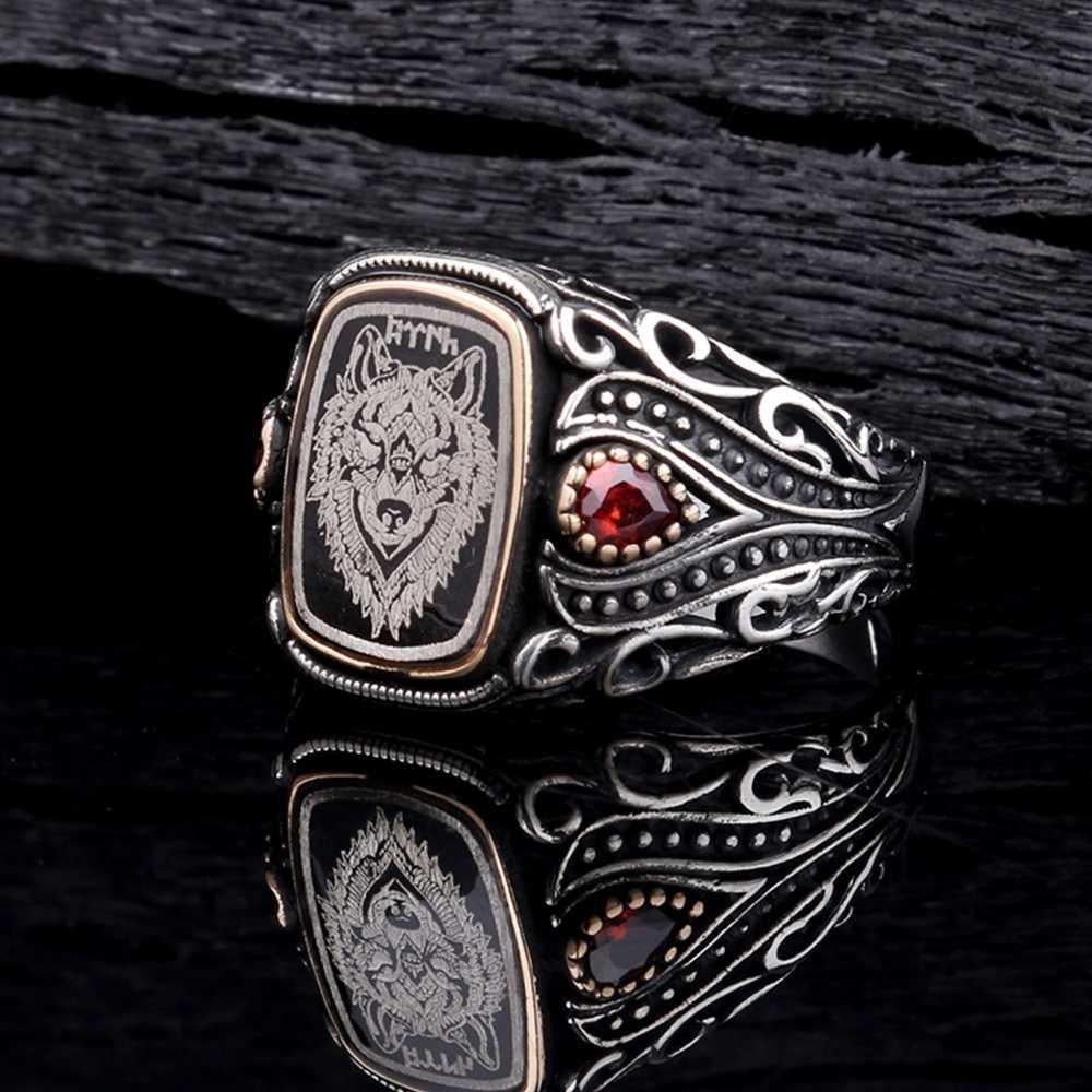 Kırmızı Taşlı Bozkurt Göktürkçe Türk Gümüş YüzükBozkurt Yüzükleri