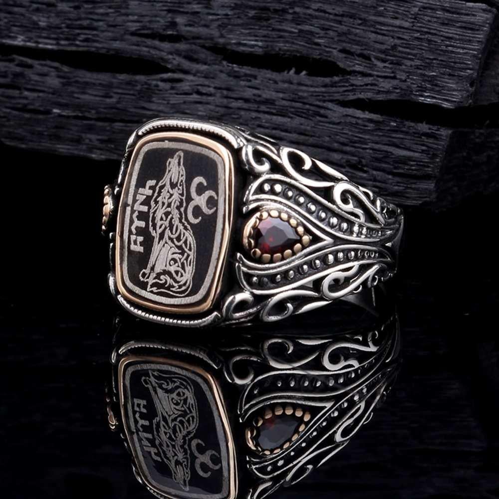 Kırmızı Taşlı Bozkurt Üç Hilal Türk Gümüş YüzükBozkurt Yüzükleri