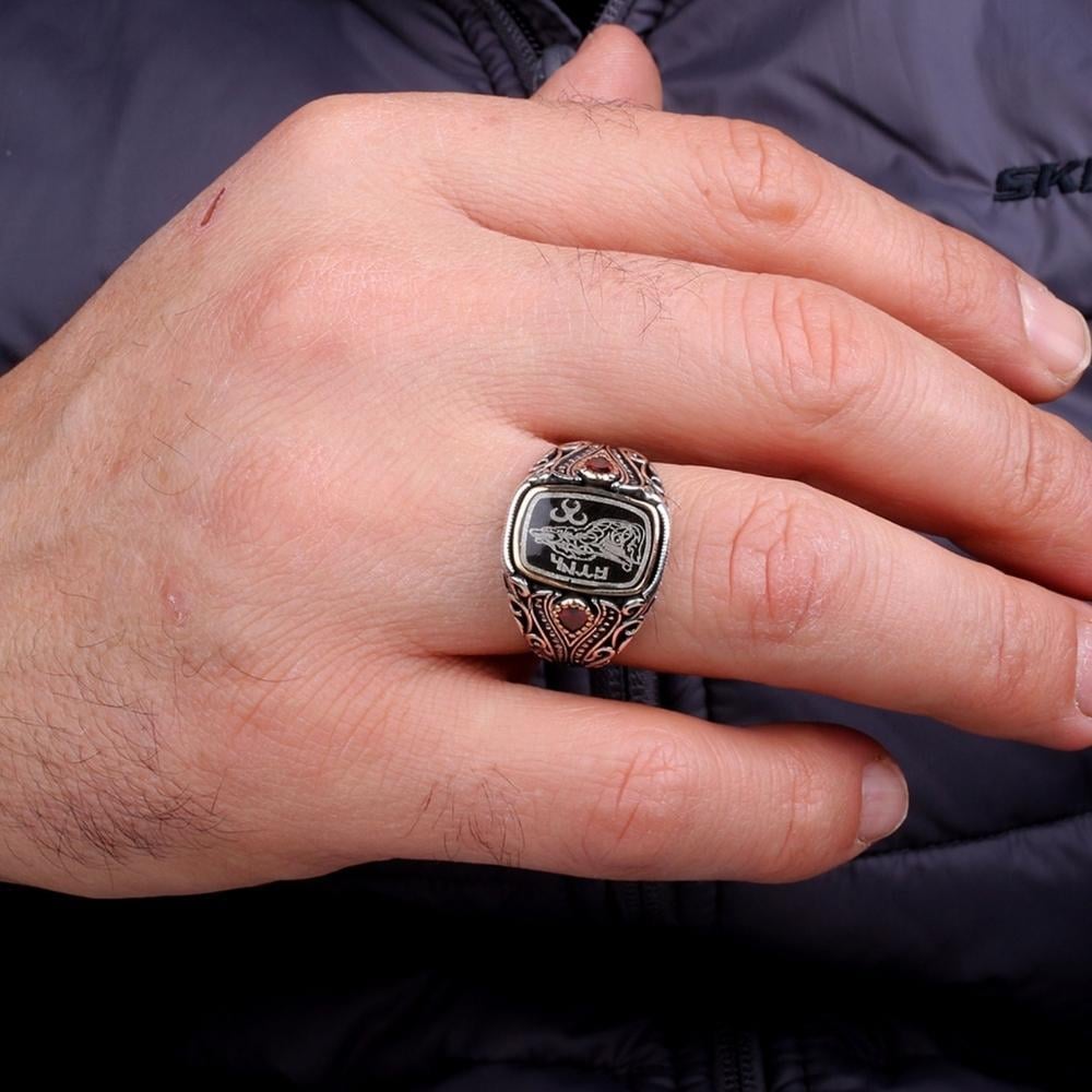 Kırmızı Taşlı Bozkurt Üç Hilal Türk Gümüş YüzükBozkurt Yüzükleri