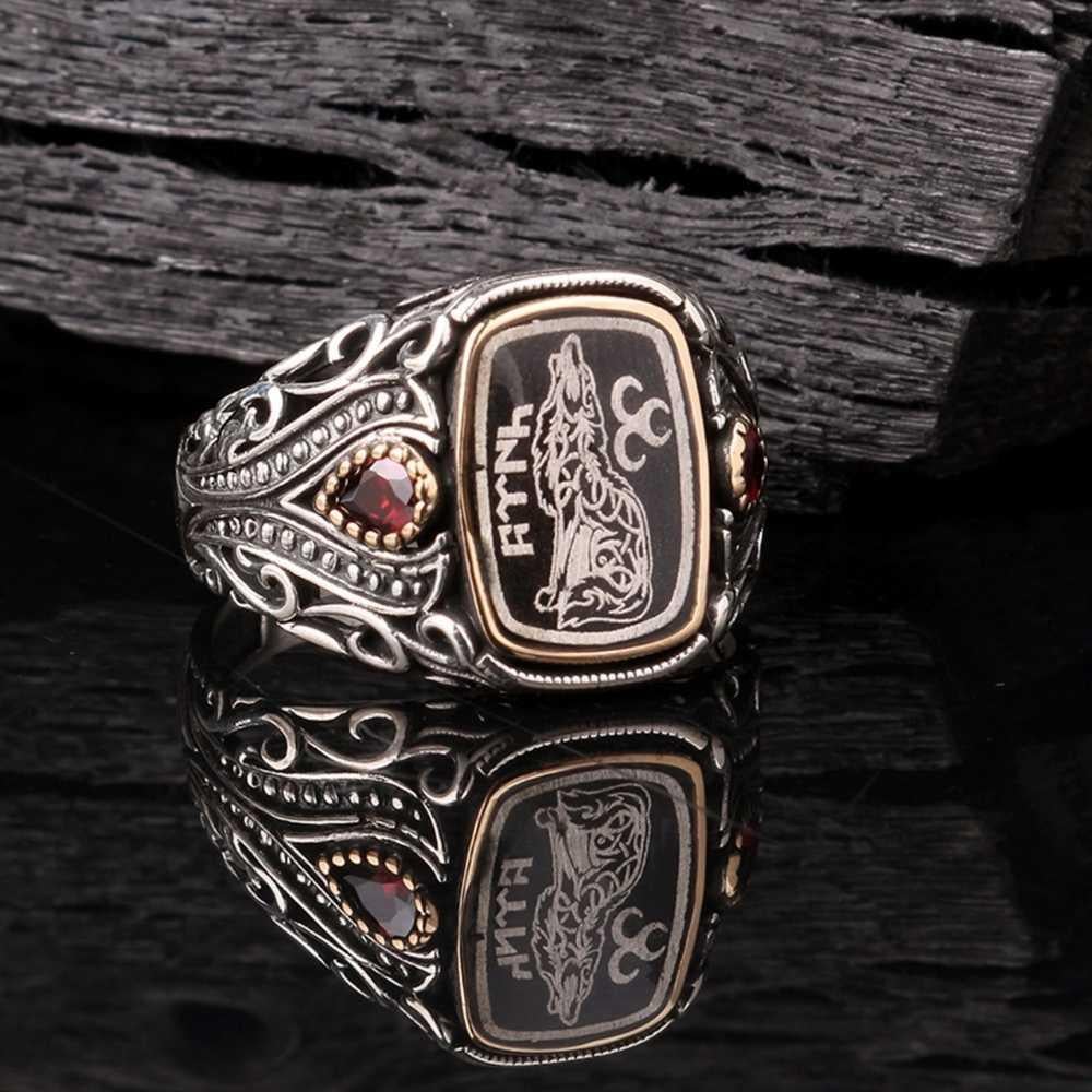 Kırmızı Taşlı Bozkurt Üç Hilal Türk Gümüş YüzükBozkurt Yüzükleri