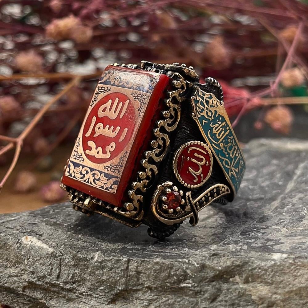 Kırmızı Taşlı Mührü Şerif Gümüş YüzükMührü Şerif Yüzük