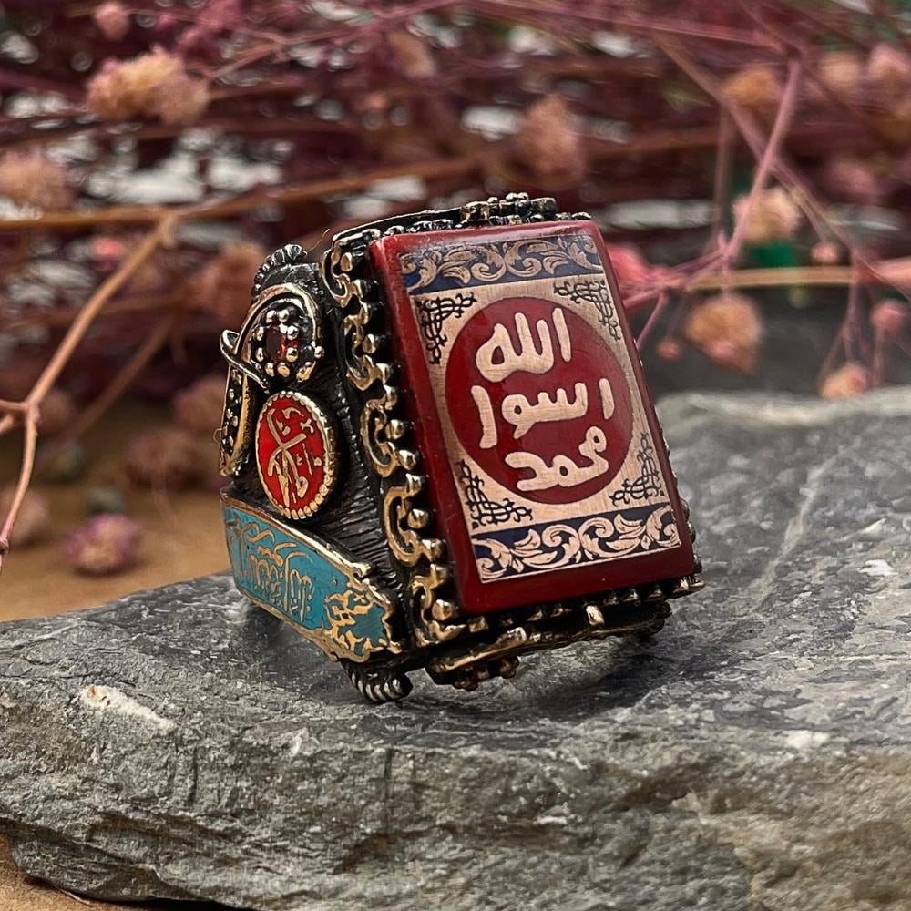 Kırmızı Taşlı Mührü Şerif Gümüş YüzükMührü Şerif Yüzük