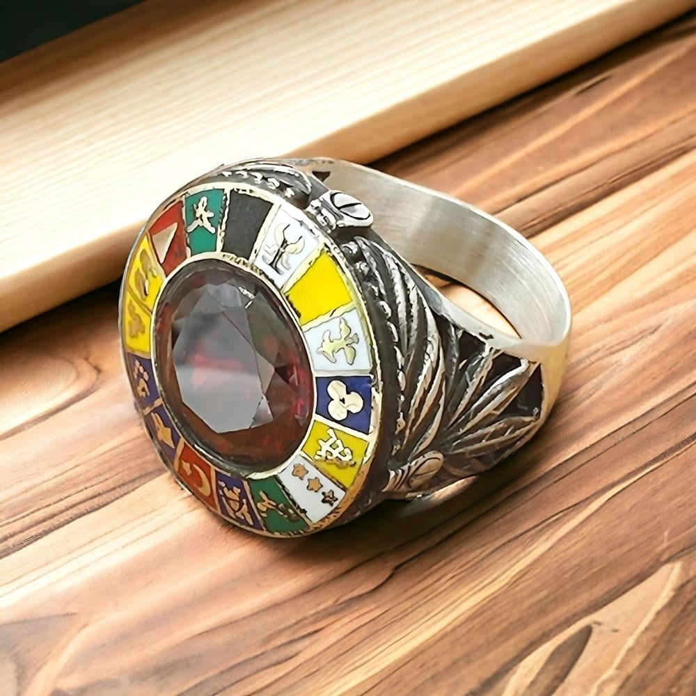 Kırmızı Zirkon Taşlı 16 Türk Devleti Gümüş Yüzük