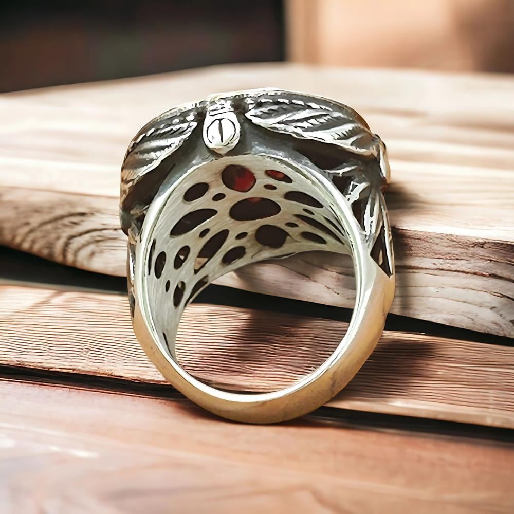 Kırmızı Zirkon Taşlı 16 Türk Devleti Gümüş Yüzük