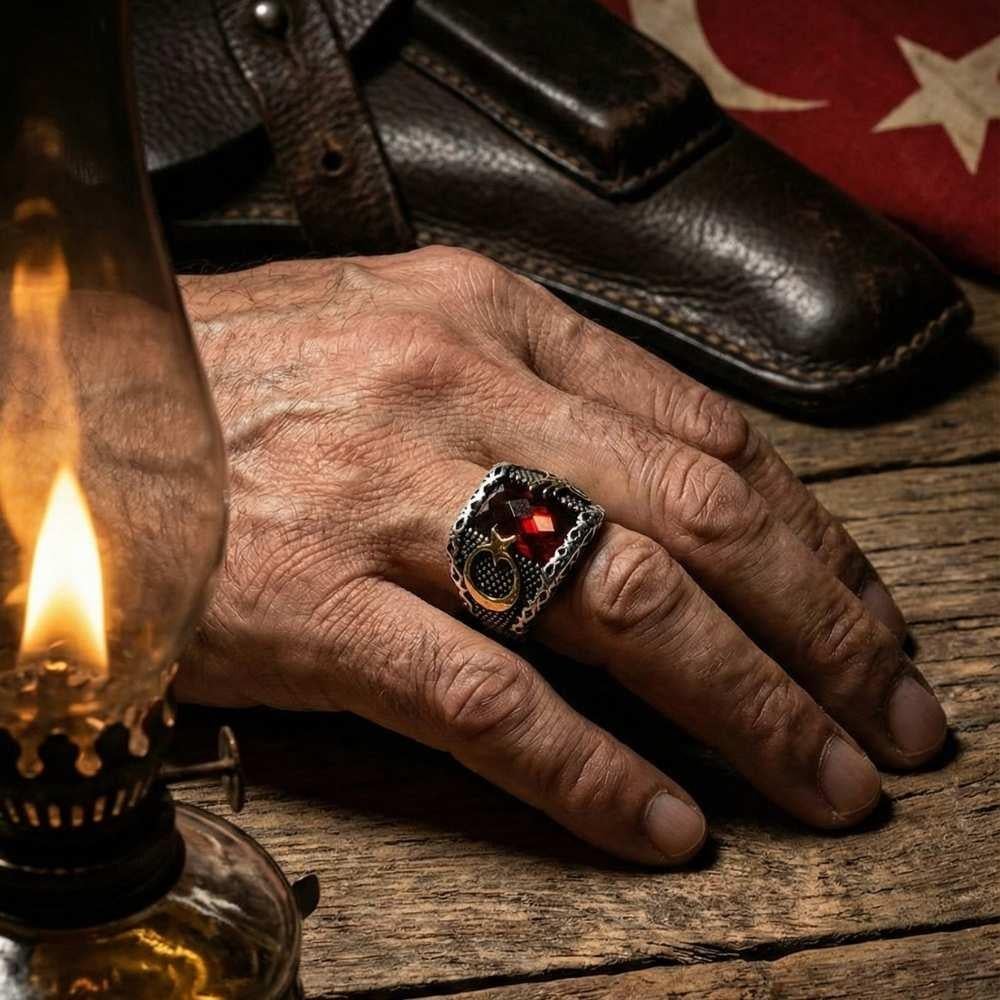 Kırmızı Zirkon Taşlı Ay Yıldız Ve Osmanlı Tuğralı Desenli Gümüş Erkek YüzükZirkon Taşlı Yüzükler