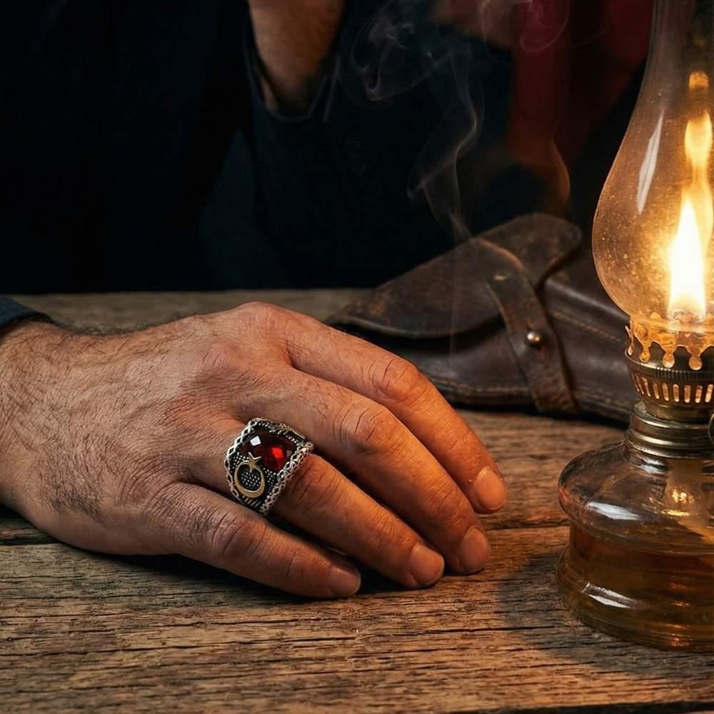 Kırmızı Zirkon Taşlı Ay Yıldız Ve Osmanlı Tuğralı Desenli Gümüş Erkek YüzükZirkon Taşlı Yüzükler