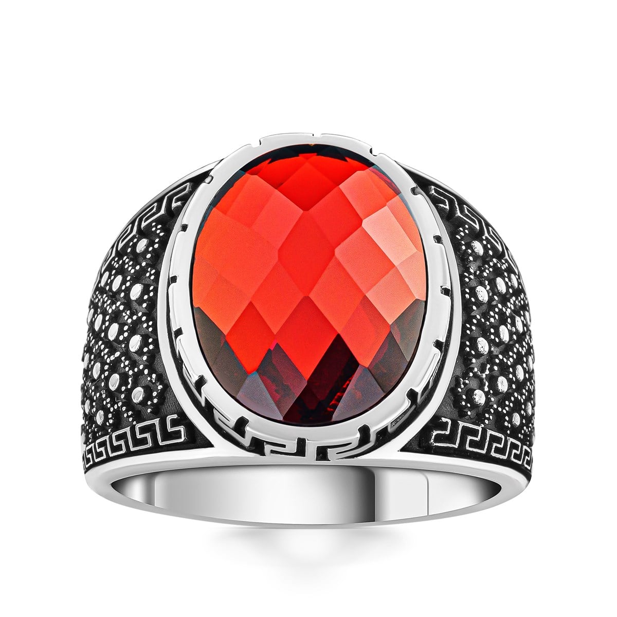 Kırmızı Zirkon Taşlı Kenarları Geometrik Motif İşlemeli Gümüş Yüzük
