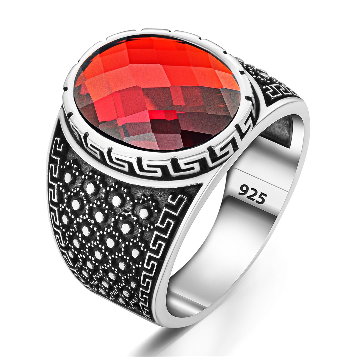 Kırmızı Zirkon Taşlı Kenarları Geometrik Motif İşlemeli Gümüş Yüzük