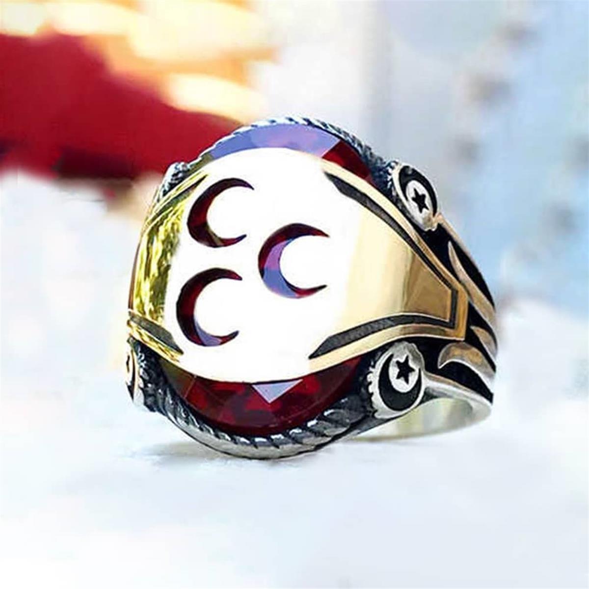 Kırmızı Zirkon Taşlı Üç Hilal Lale Motif Gümüş Yüzük