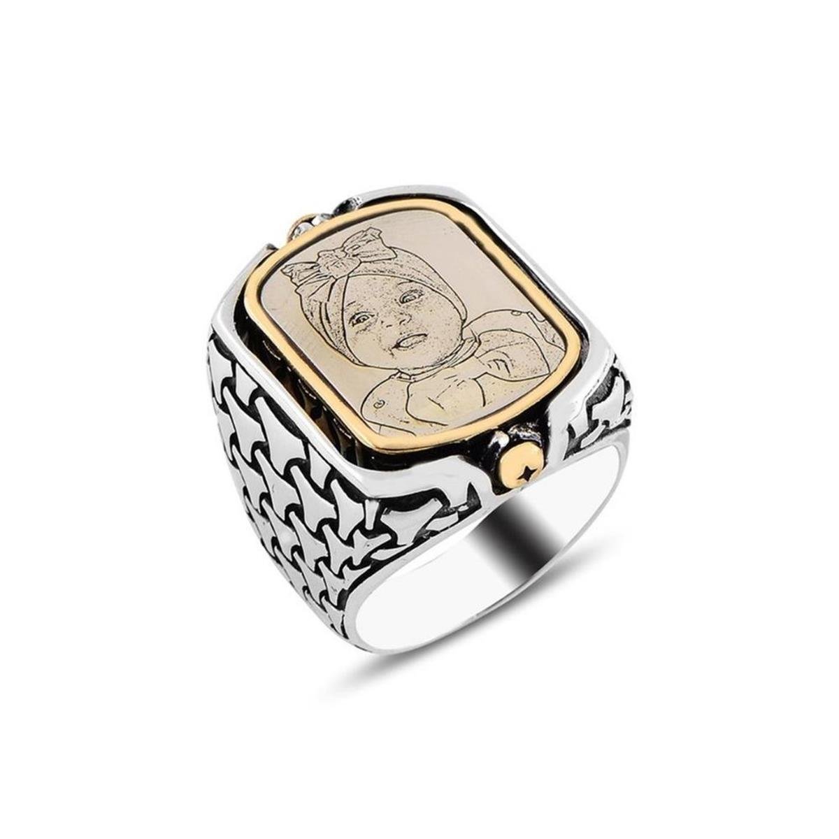 Kişiye Özel Çift Taraflı Kazıma Resimli Gümüş Yüzük