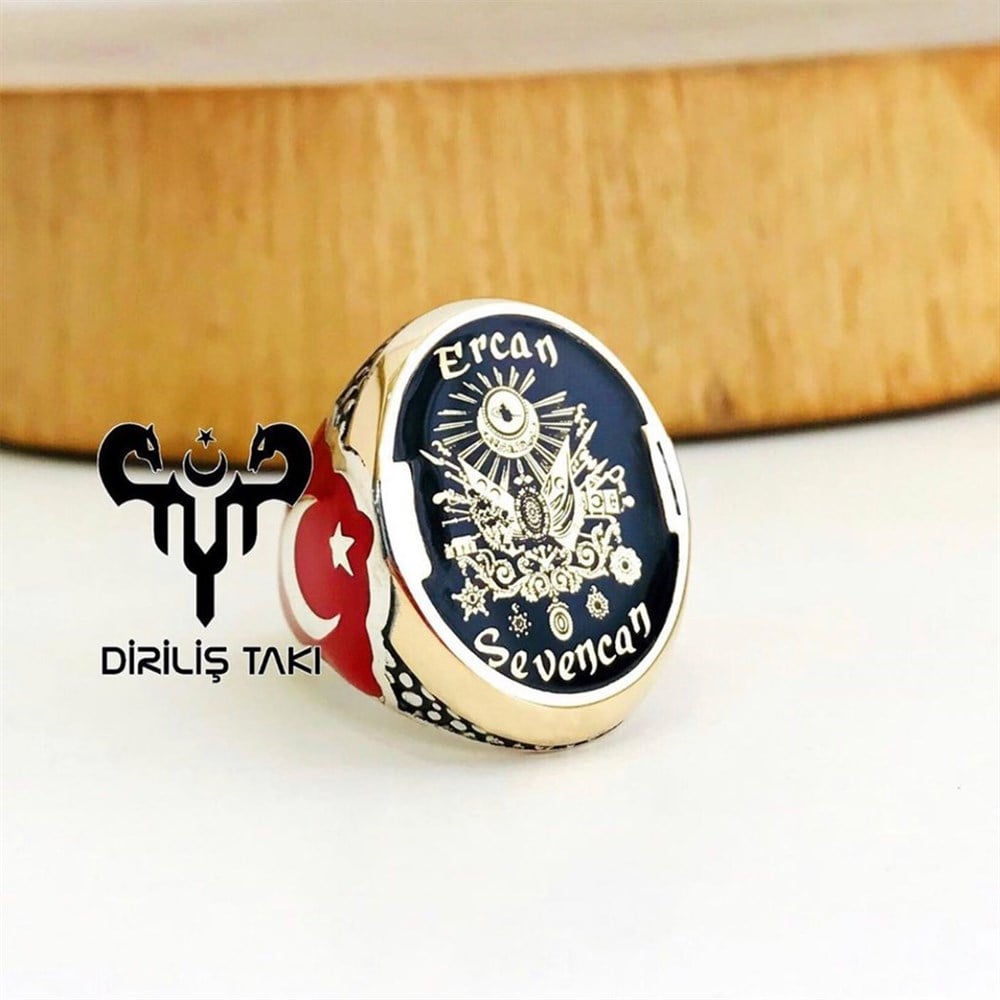 Kişiye Özel Osmanlı Arma İşlemeli Mineli Gümüş Yüzük