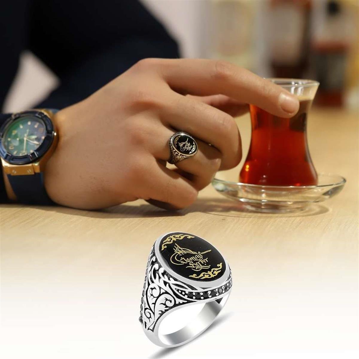 Kişiye Özel Osmanlı Tuğra İçerisi İsim Yazılı Gümüş Yüzük