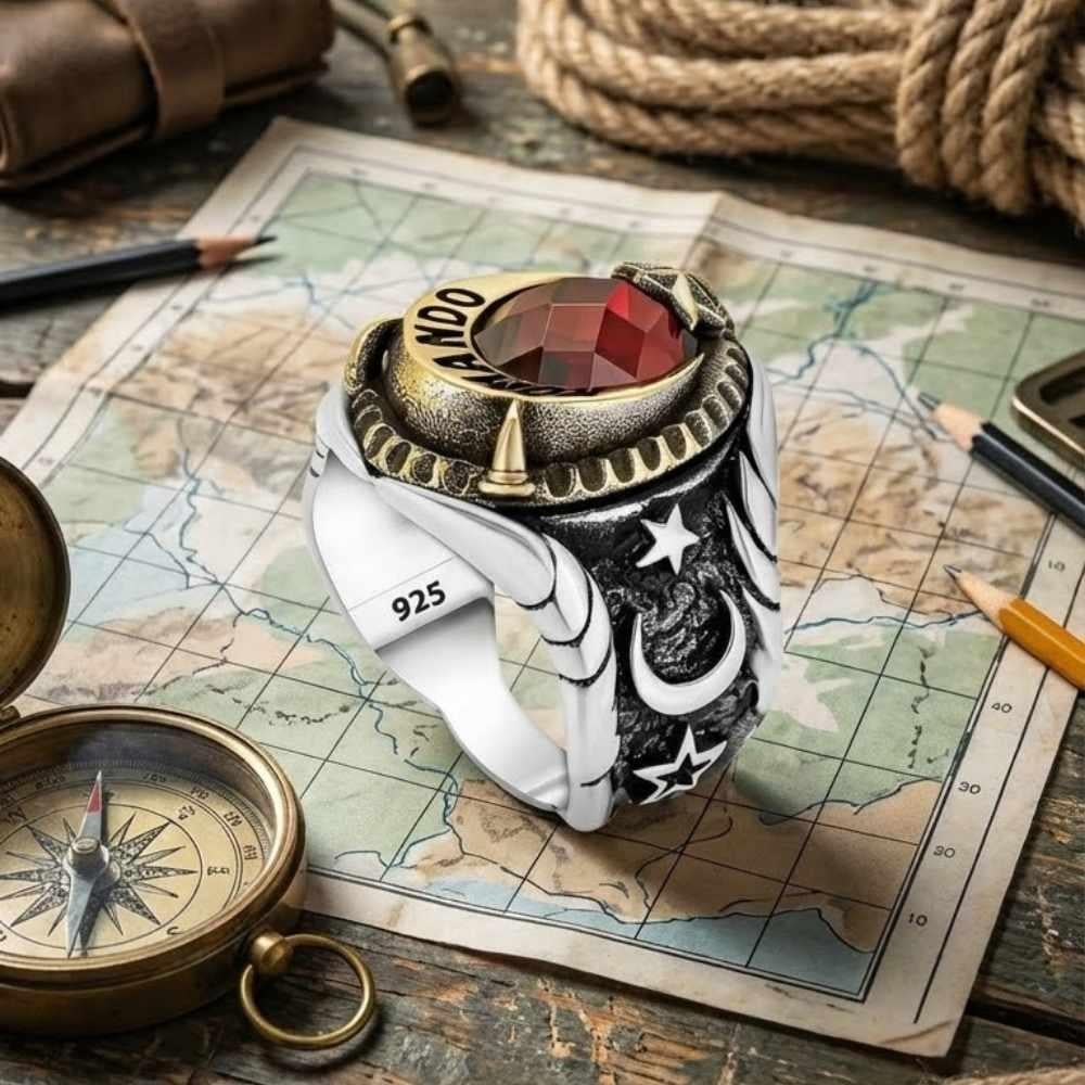 Komando İşlemeli Kenarları Ay Yıldız Gümüş YüzükAsker & Polis Yüzükleri