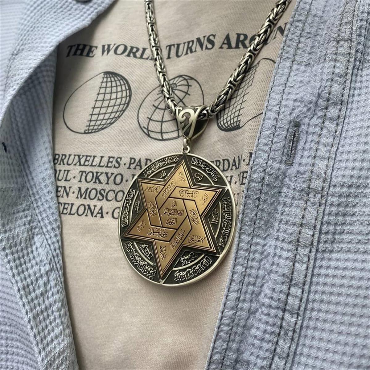 Kral Zincirli Özel Üretim Gümüş Süleyman Mührü Kolye