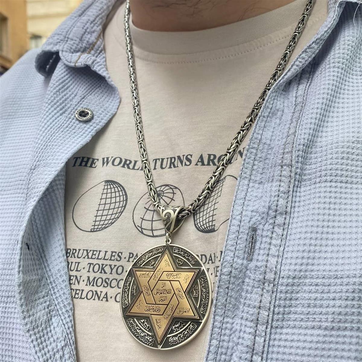 Kral Zincirli Özel Üretim Gümüş Süleyman Mührü Kolye