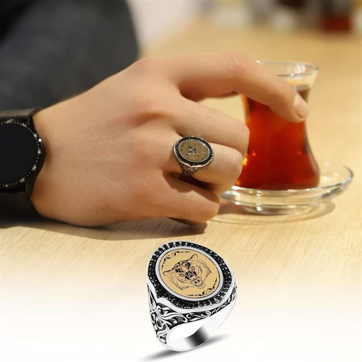 Kurt Kafası İşlemeli Selçuklu Motifli Gümüş Yüzük