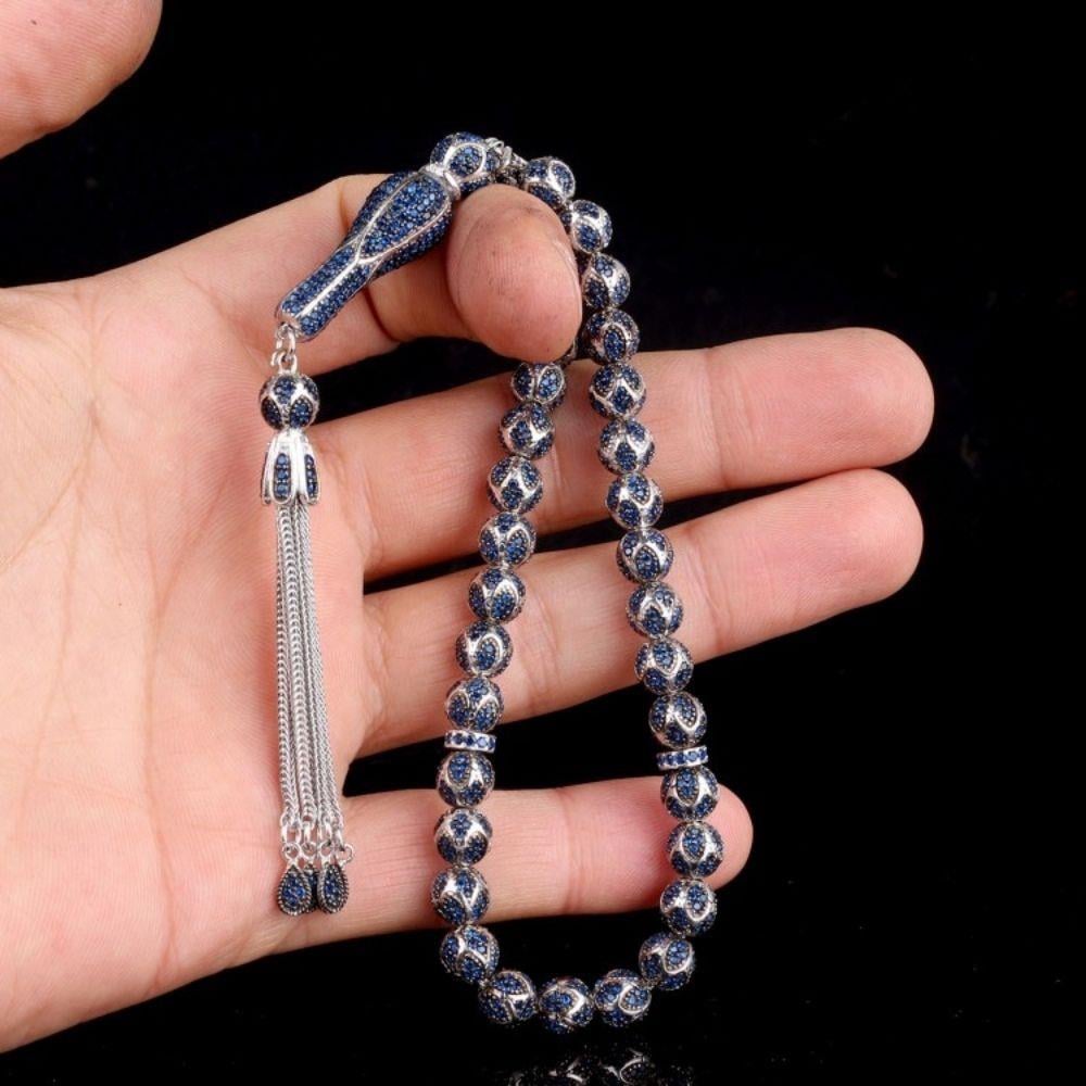 Lacivert Zirkon Taşlı Tamamı 925 Ayar Gümüş Tesbih