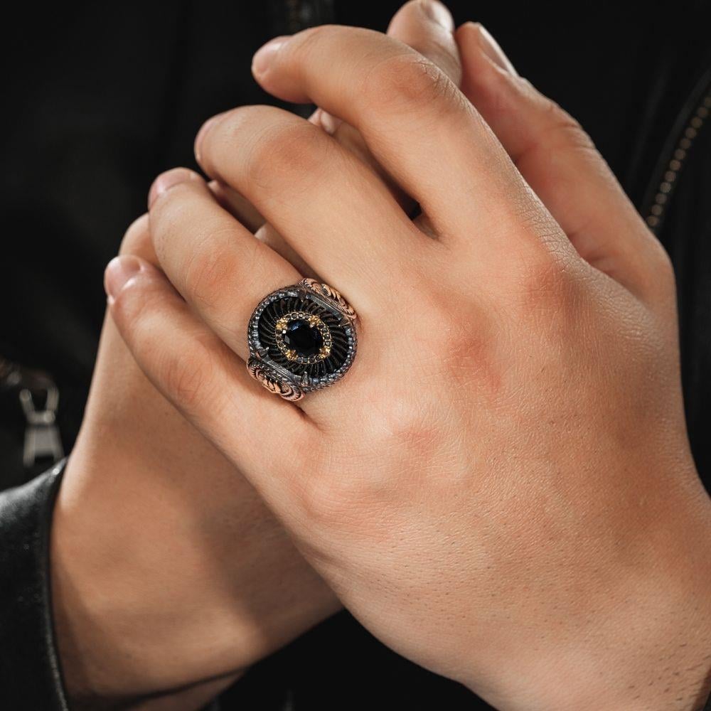 Lale Motifli El Oyması Kehribar Gümüş Yüzük