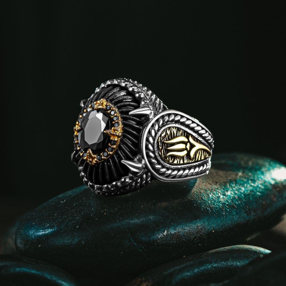 Lale Motifli El Oyması Kehribar Gümüş Yüzük