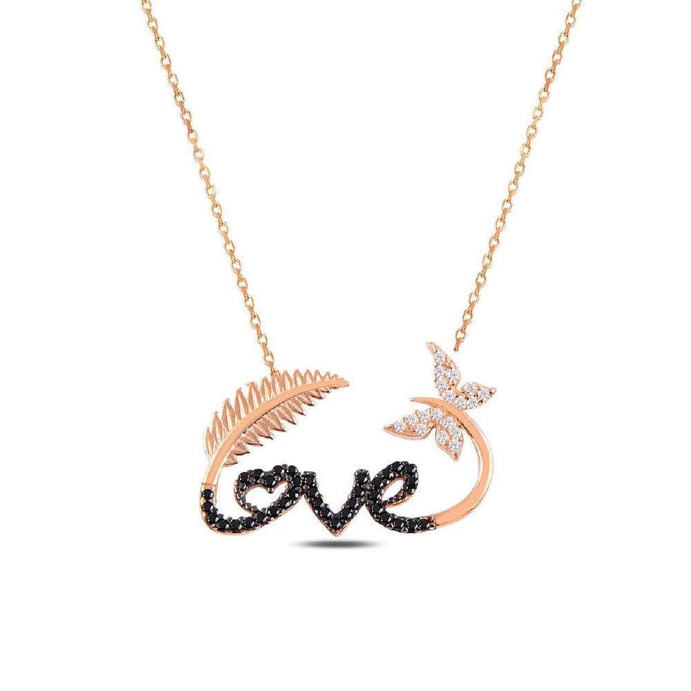 Love Yazılı Kelebek Motifli Gümüş Bayan Kolye