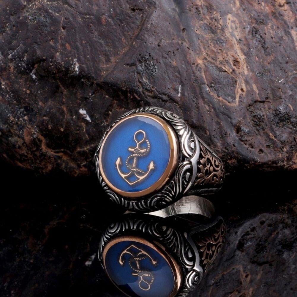 Mavi Mineli Deniz Çapası Gümüş Yüzük