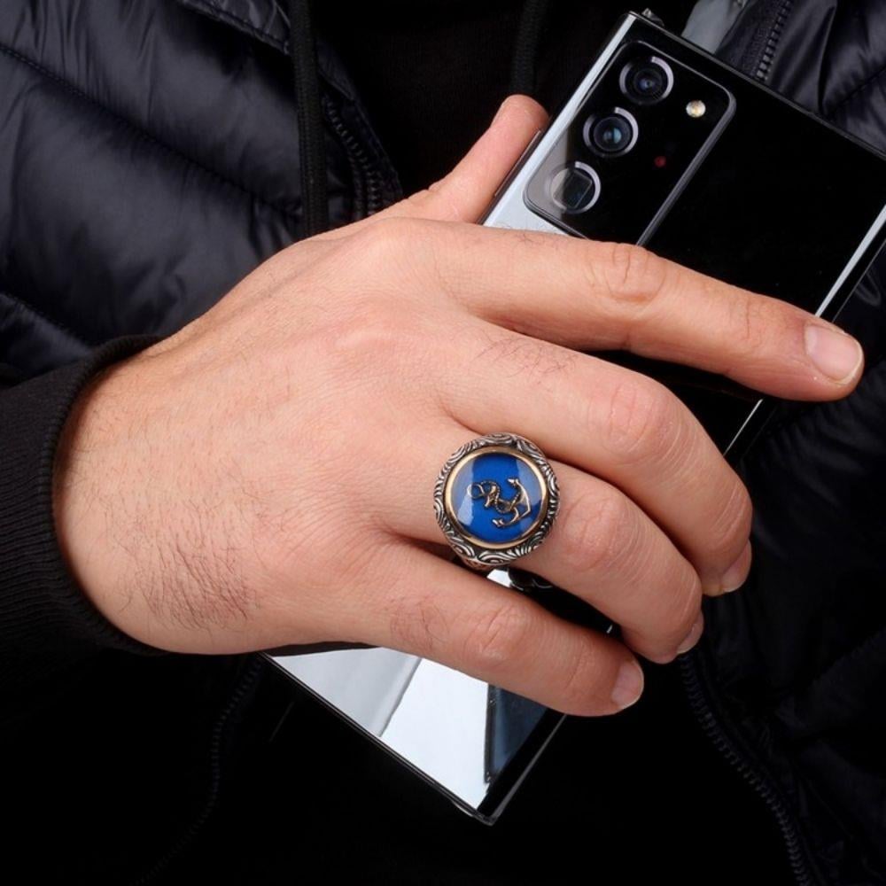 Mavi Mineli Deniz Çapası Gümüş Yüzük