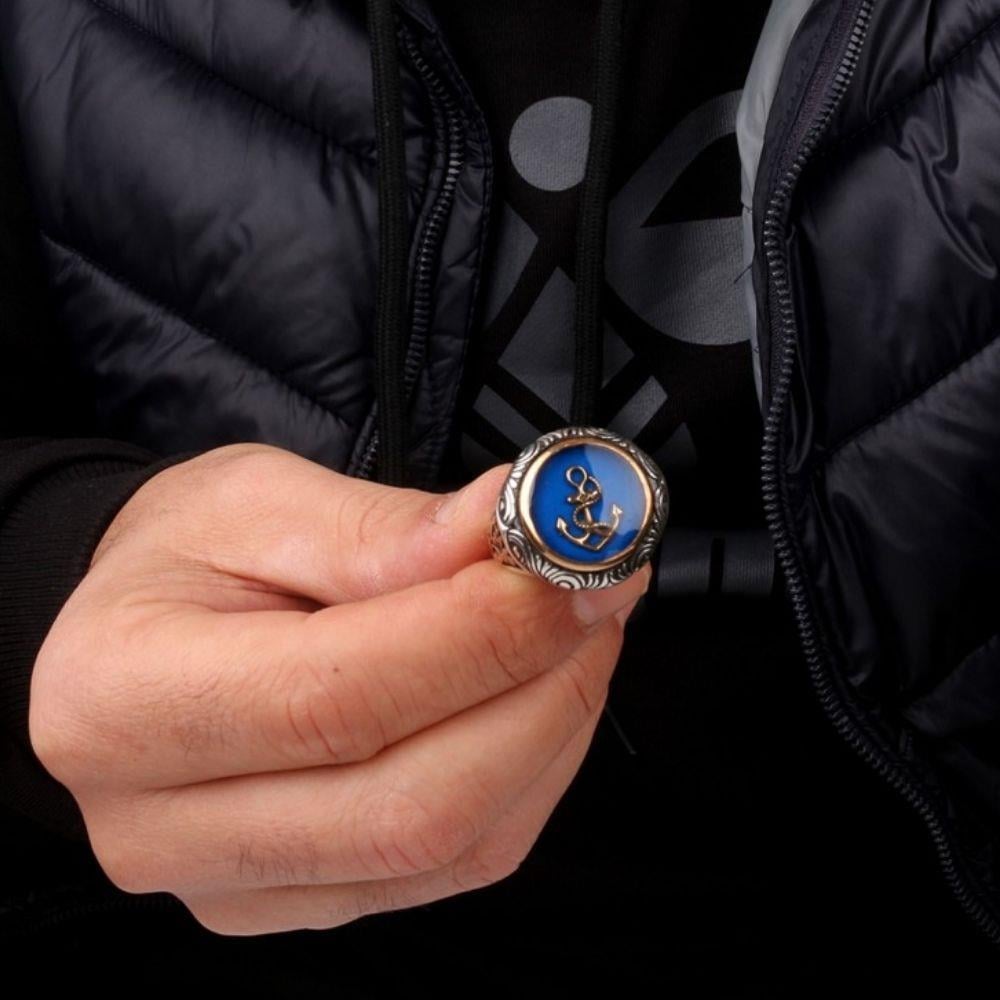 Mavi Mineli Deniz Çapası Gümüş Yüzük