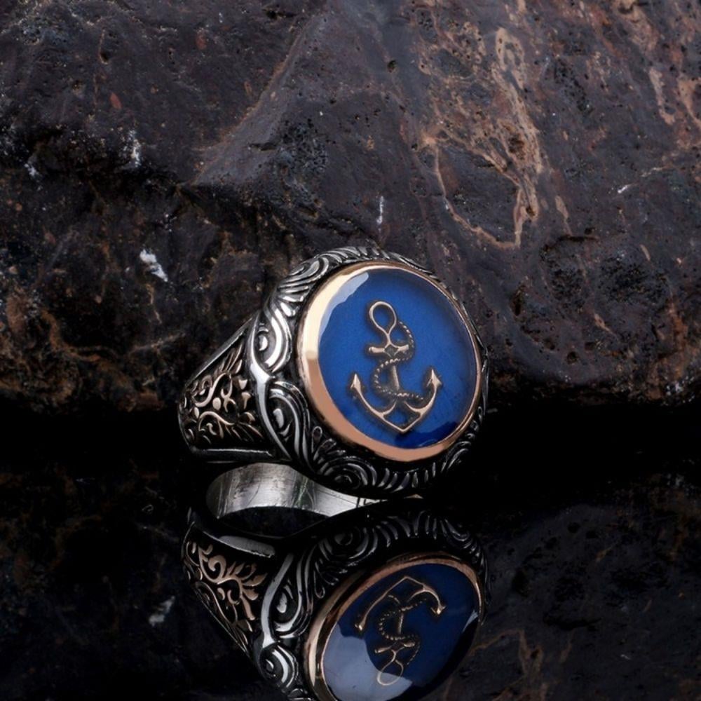 Mavi Mineli Deniz Çapası Gümüş Yüzük