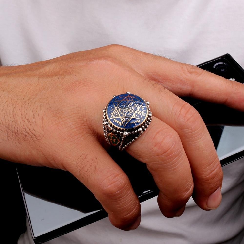 Mavi Mineli Mührü Süleyman Gümüş YüzükSüleyman Mührü Yüzükler