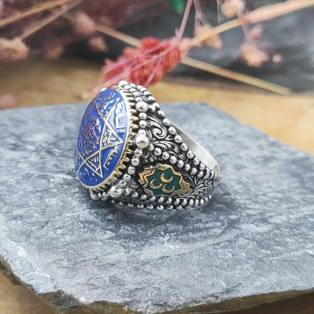 Mavi Mineli Mührü Süleyman Gümüş YüzükSüleyman Mührü Yüzükler