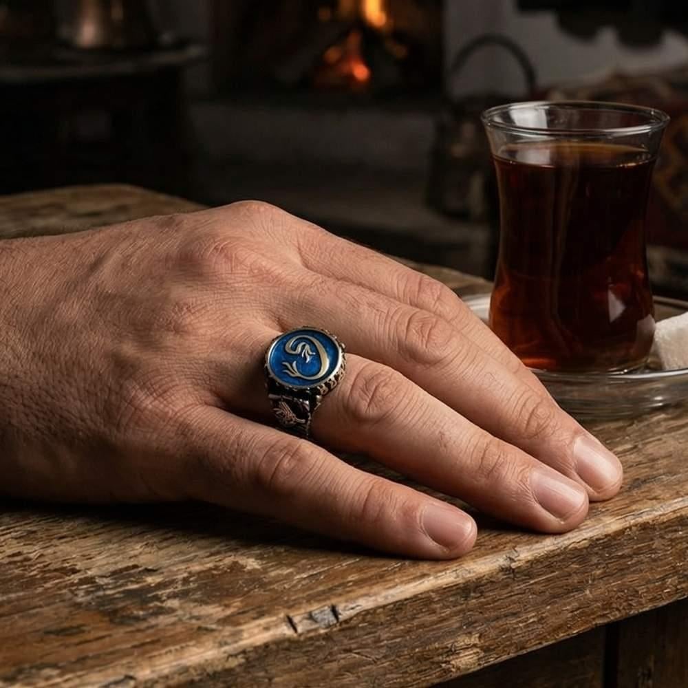 Mavi Mineli Vav Motifli Gümüş YüzükAlep Waw Ring