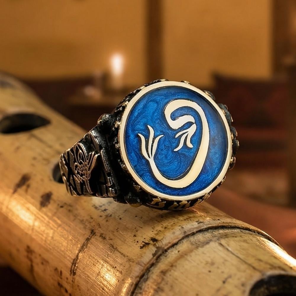 Mavi Mineli Vav Motifli Gümüş YüzükAlep Waw Ring