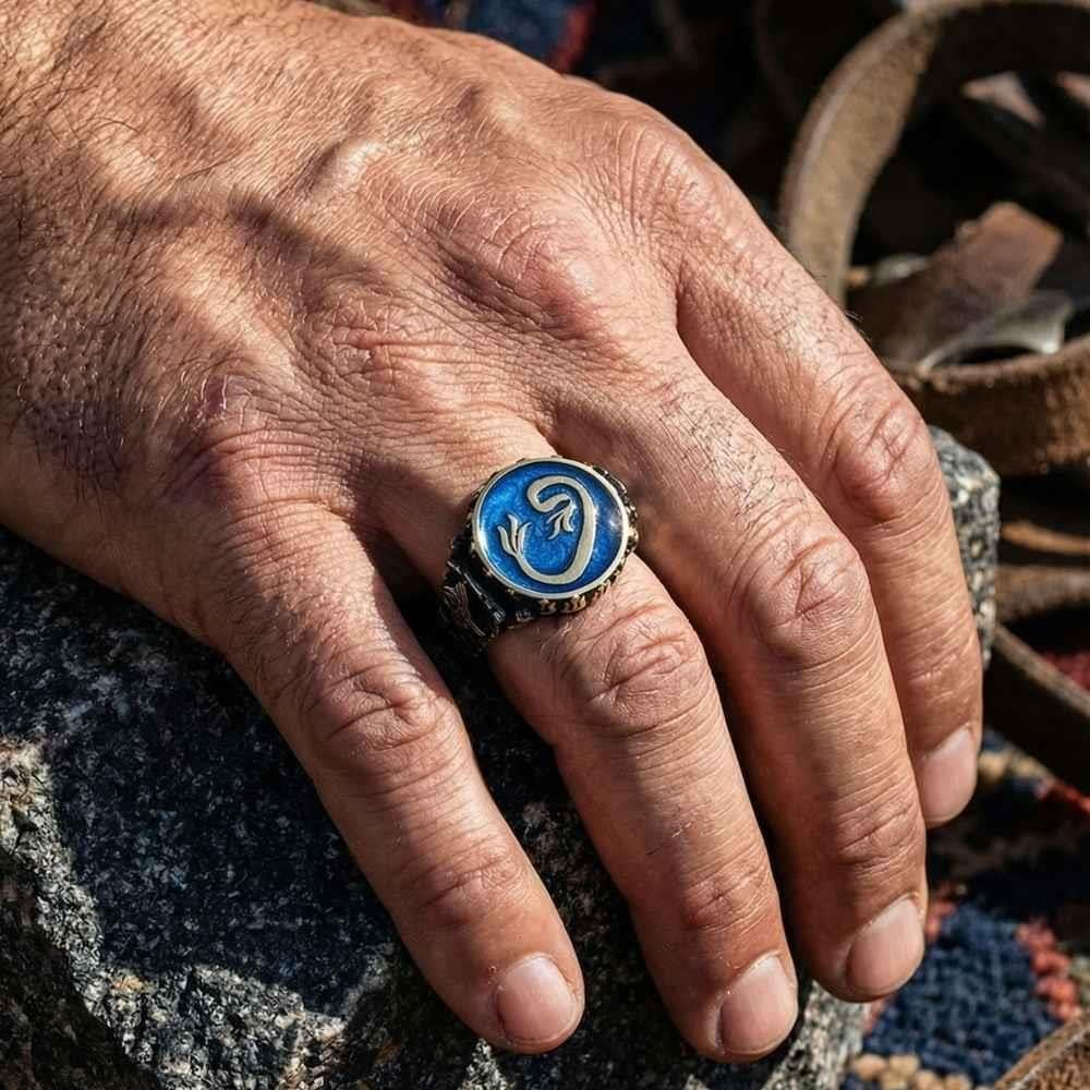 Mavi Mineli Vav Motifli Gümüş YüzükAlep Waw Ring