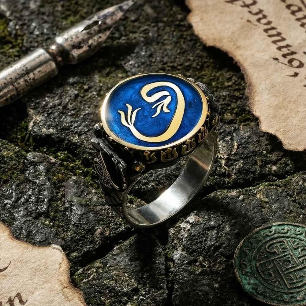 Mavi Mineli Vav Motifli Gümüş YüzükAlep Waw Ring
