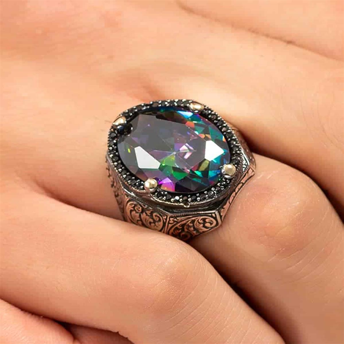 Mavi Mistik Topaz Taşlı Kalem Motifli Gümüş Yüzük