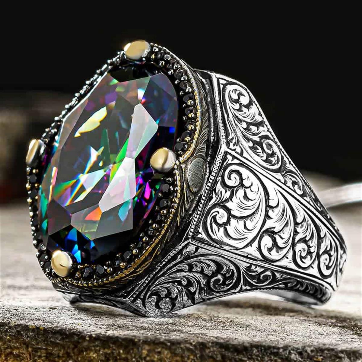 Mavi Mistik Topaz Taşlı Kalem Motifli Gümüş Yüzük