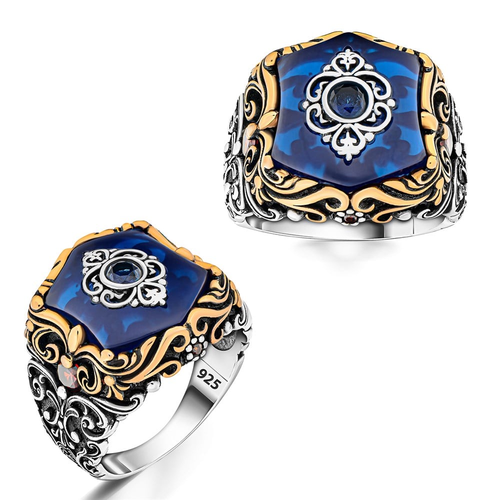 Mavi Oniks Taşlı Ortası Tektaş Gümüş Erkek Yüzük