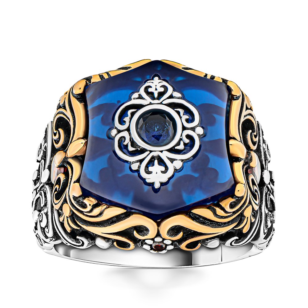 Mavi Oniks Taşlı Ortası Tektaş Gümüş Erkek Yüzük