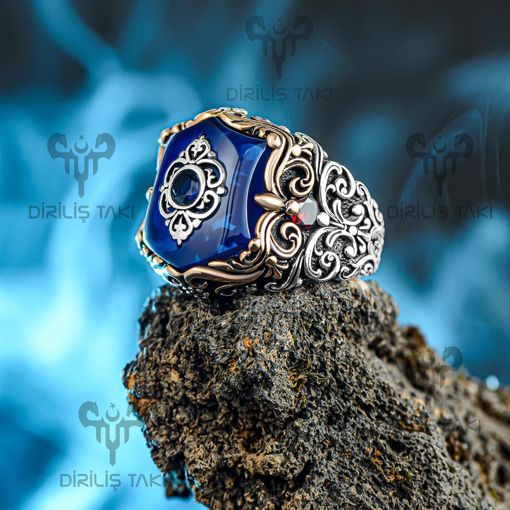 Mavi Oniks Taşlı Ortası Tektaş Gümüş Erkek Yüzük