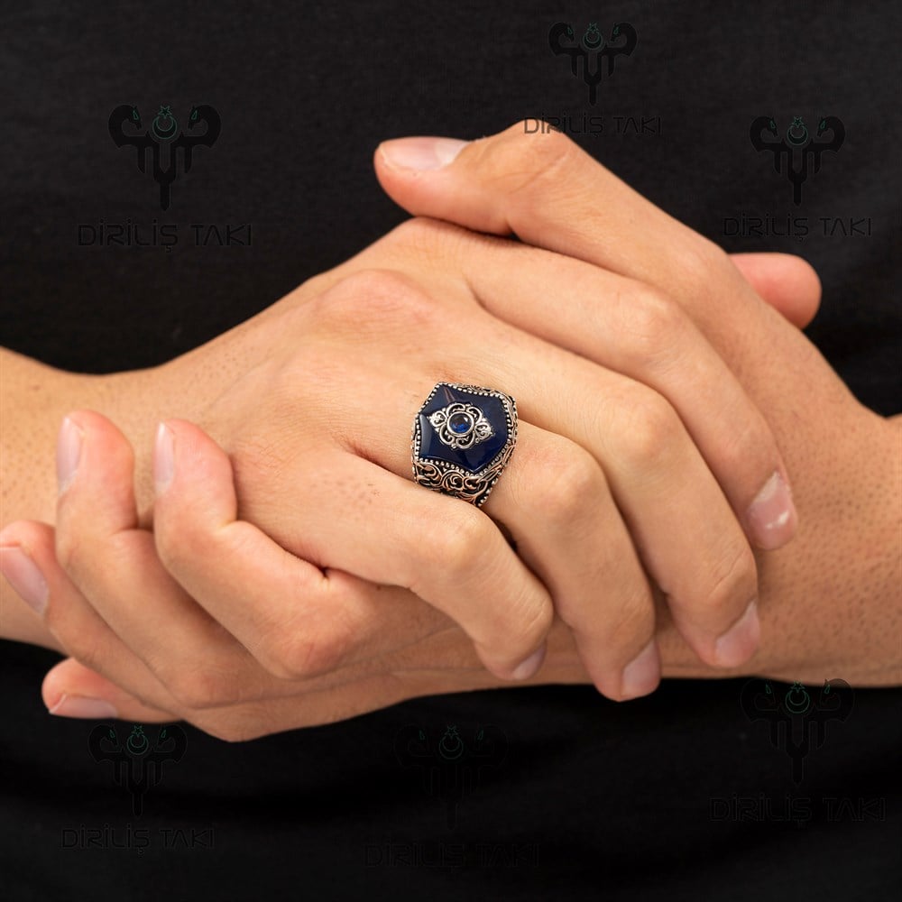 Mavi Oniks Üzeri Motifli Gümüş Yüzük