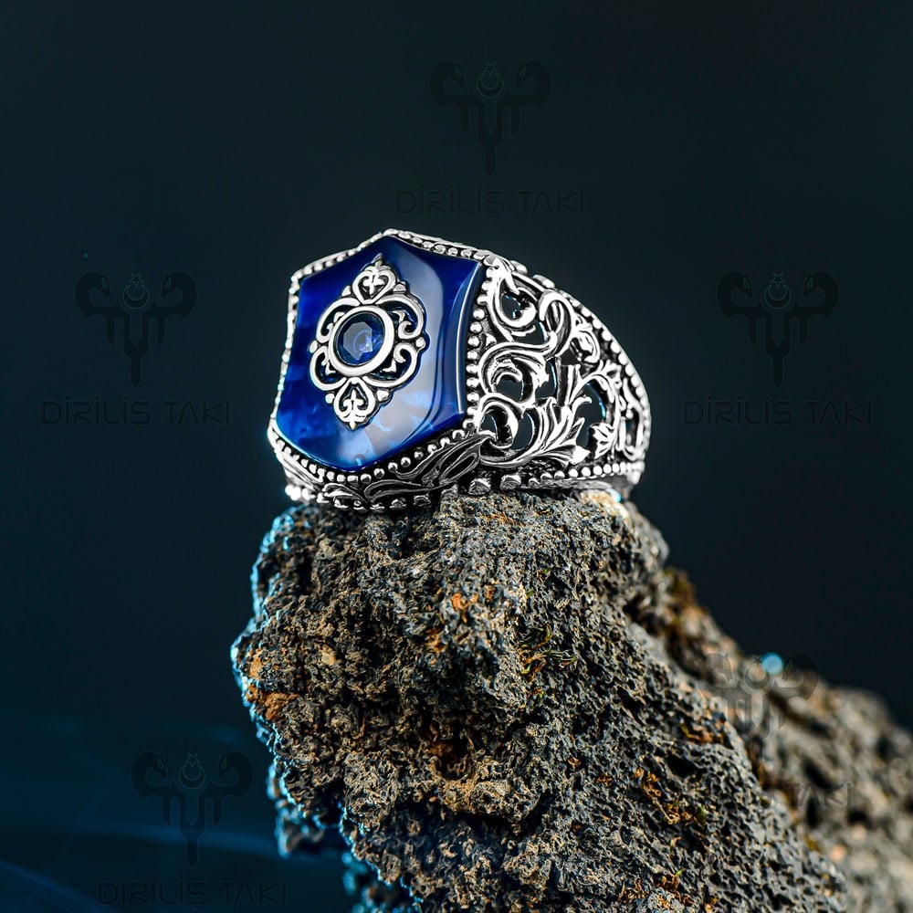 Mavi Oniks Üzeri Motifli Gümüş Yüzük