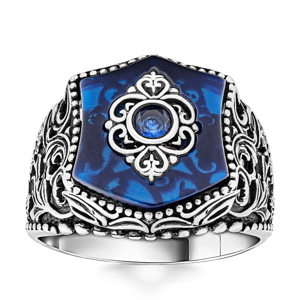 Mavi Oniks Üzeri Motifli Gümüş Yüzük