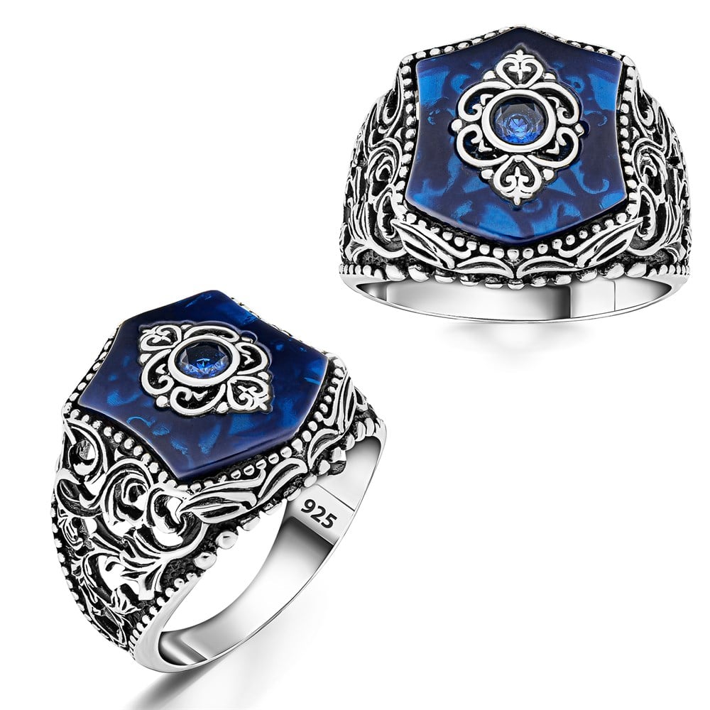 Mavi Oniks Üzeri Motifli Gümüş Yüzük