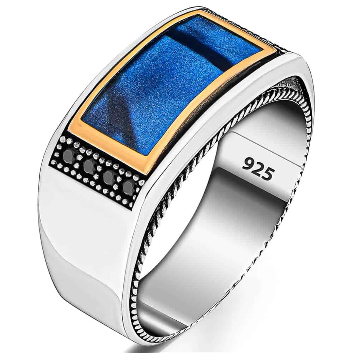 Mavi Sedef Desenli Kenarları Zirkon Taşlı Gümüş Yüzük