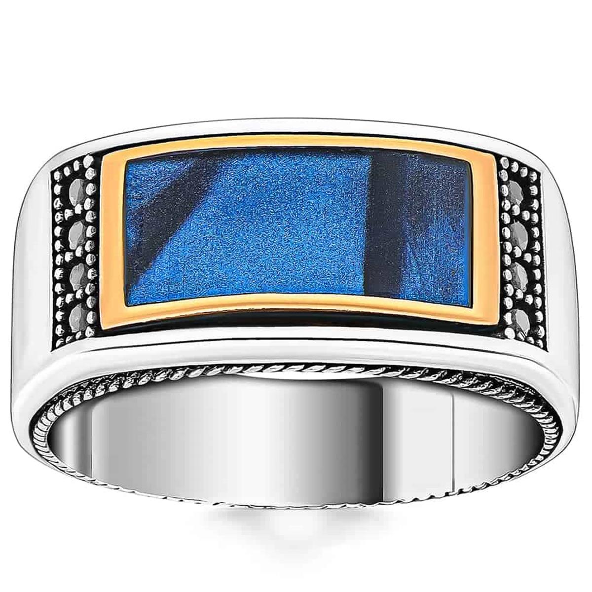 Mavi Sedef Desenli Kenarları Zirkon Taşlı Gümüş Yüzük