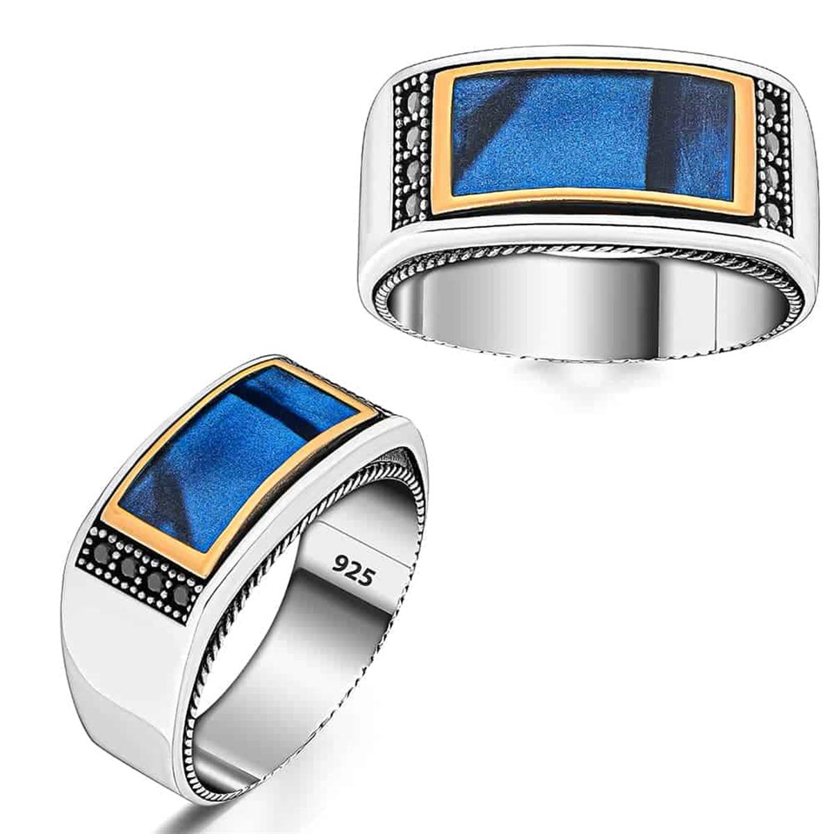 Mavi Sedef Desenli Kenarları Zirkon Taşlı Gümüş Yüzük